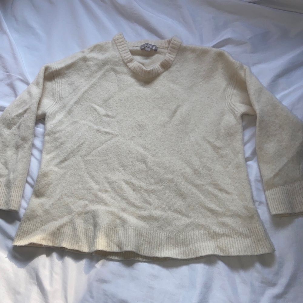 J.Crew Sweater M Ivory Wool Blend Ruffle Neck Lambswool Women's Size Medium